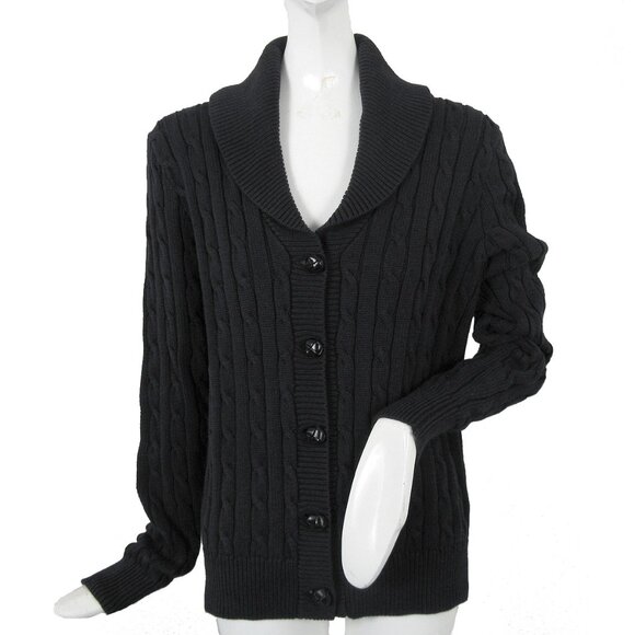 NEW Polo Ralph Lauren Cable Knit Cardigan Sweater! M  Black  Leather Buttons - Picture 1 of 3